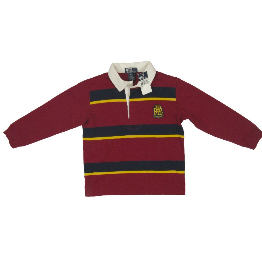 NEW Polo Ralph Lauren Big Boys Rugby Shirt! L (16-18) Maroon Navy Yellow Stripes